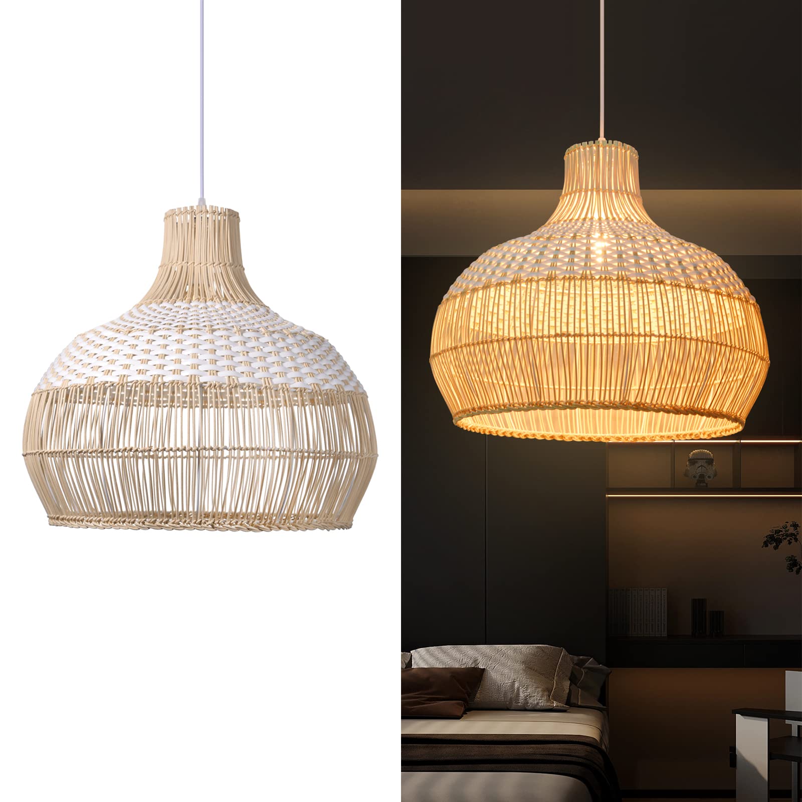 Arturesthome 1 Light White Rattan Pendant Light, Wicker Hanging